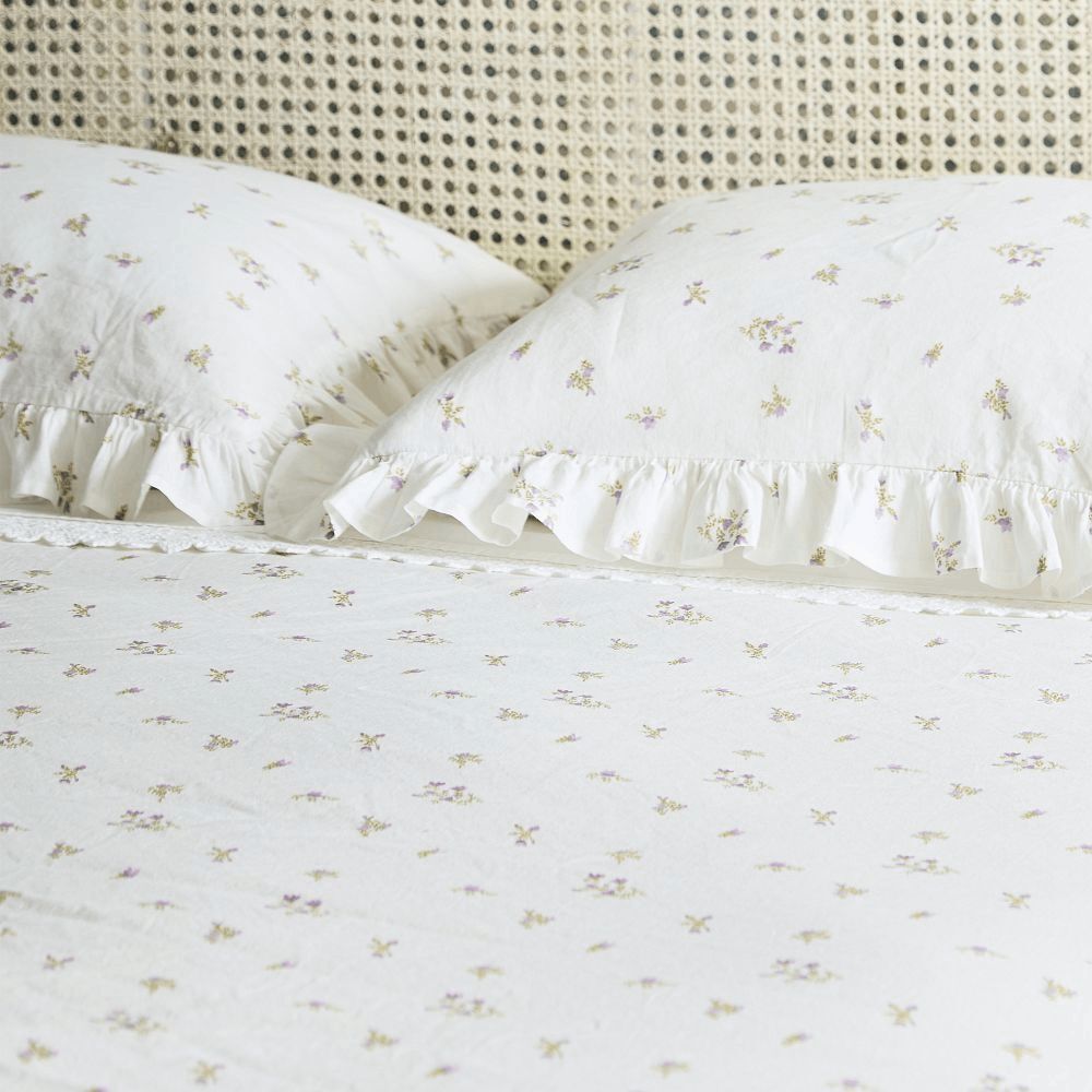 Pottery Barn - Green Row Lavender Bunches Cotton Linen Duvet & Sham Full Queen